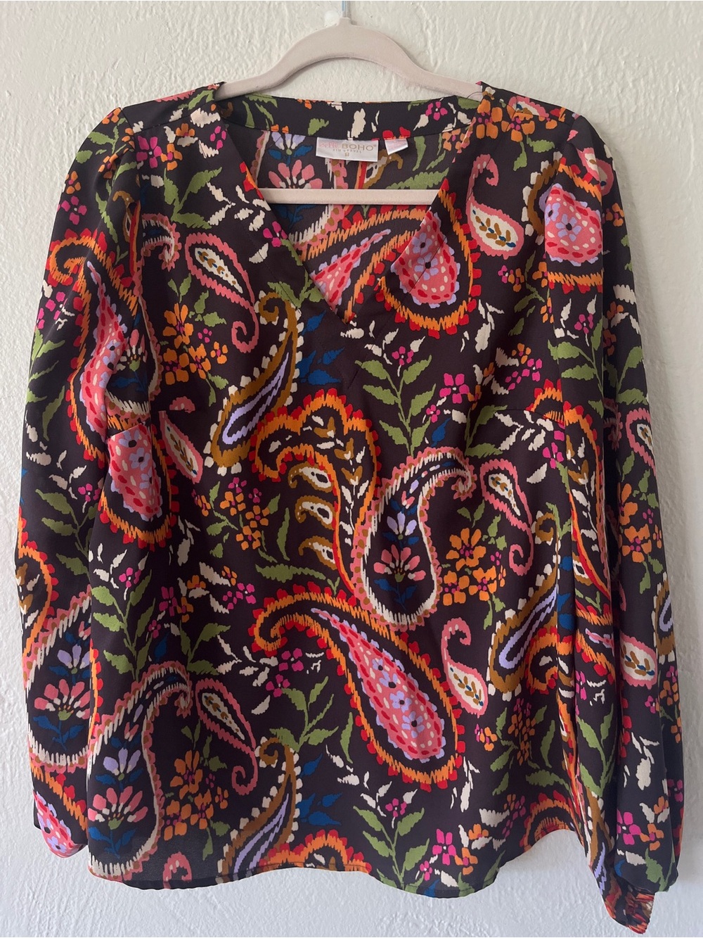 Belle by Kim Gravel Brown V-Neck Blouse with Multicolor Paisley - Picture 1 of 4